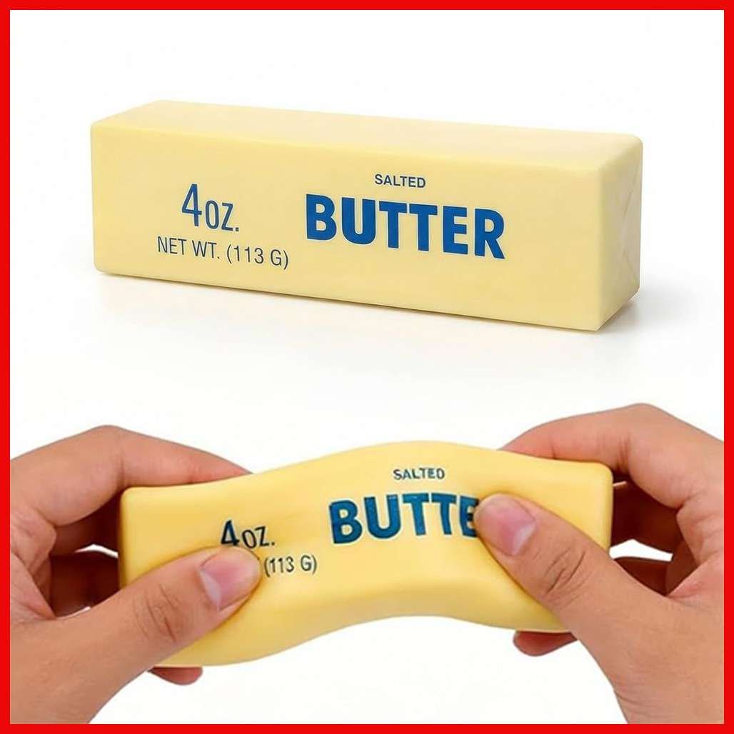 A butter stick squishy being stretched and bent between two hands to show the slow-rise foam