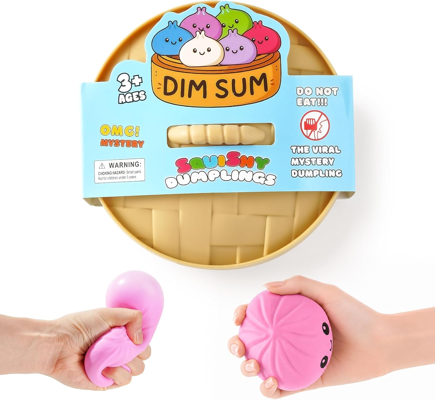 OPOM giant dumpling squishy mystery box, oversized TPR bun with steamer basket