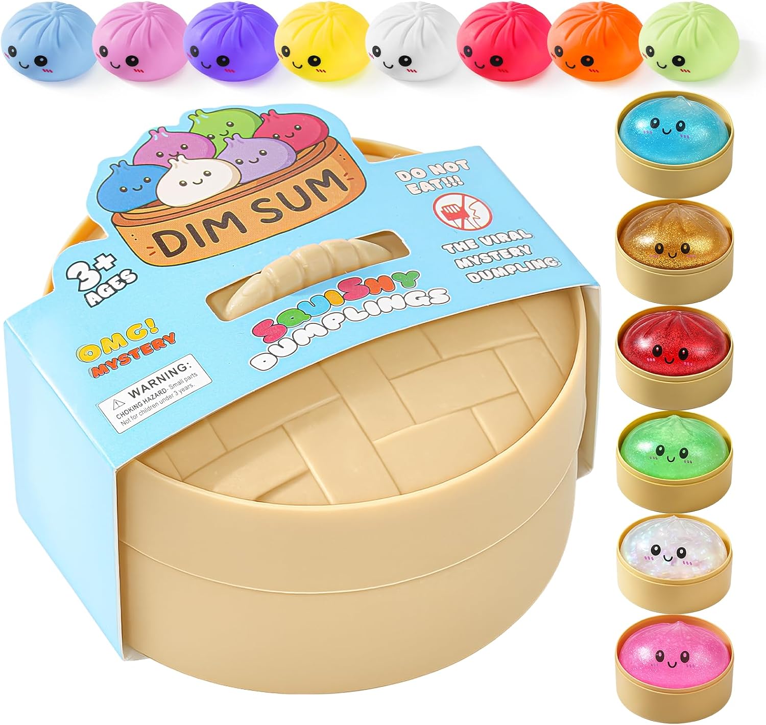 XQOQO dumpling squishy mystery box in a bamboo-style steamer basket